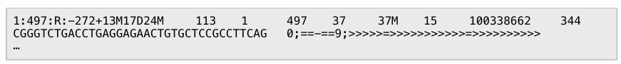 <p>Entry in a .sam file.</p><p>In a sam file, each row is a separate entry (in the picture, the row spans two lines).</p><ul><li><p>Column 1: QNAME, unique name of the alignment (e.g. 1:497:R:-272+13M17D24M)</p></li><li><p>Column 2: FLAG, describes alignment in code (e.g. 113 = this is the first read of a pair, both reads in the pair were flipped and both were mapped).</p></li><li><p>Column 3: RNAME, name of reference sequence, often the chromosome (e.g. 1).</p></li><li><p>Column 4: POS, leftmost position of where the alignment maps to the reference (e.g. 497).</p></li><li><p>Column 5: MAPQ, mapping quality, similar to Phred (e.g. 37).</p></li><li><p>Column 6: CIGAR, describes how many bases of the read matched (e.g. 37M = 37 bases matched; 3M1I3M1D would be 3 matches, 1 insertion, 3 matches 1 deletion).</p></li><li><p>Column 7: MRNM/RNEXT, name of reference sequence of next alignment (e.g. 15; ‘=‘ if idem).</p></li><li><p>Column 8: MPOS/PNEXT, position of next alignment (e.g. 100338662).</p></li><li><p>Column 9: ISIZE/TLEN, length of leftmost mapped base to rightmost (e.g. 344).</p></li><li><p>Column 10: SEQ, read sequence.</p></li><li><p>Column 11: QUAL, Phred quality scores of the read.</p></li></ul><p></p>