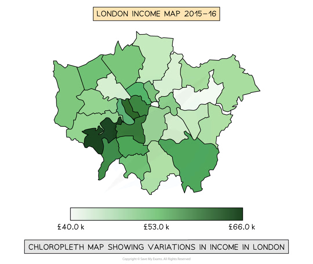 <p>maps are shaded according to a pre-arranged key. each shade represents a range of values. often one colour in different shades. can be used for a range of data eg annual precipitation, population density, income levels</p><p><span style="color: green;"><span>clear visual impression of changes over space, shows large amount of data, groupings are flexible</span></span></p><p><span style="color: red;"><span>makes it seem like an abrupt change at boundary, hard to distinguish between shades, variations withing value set aren’t visible</span></span></p>