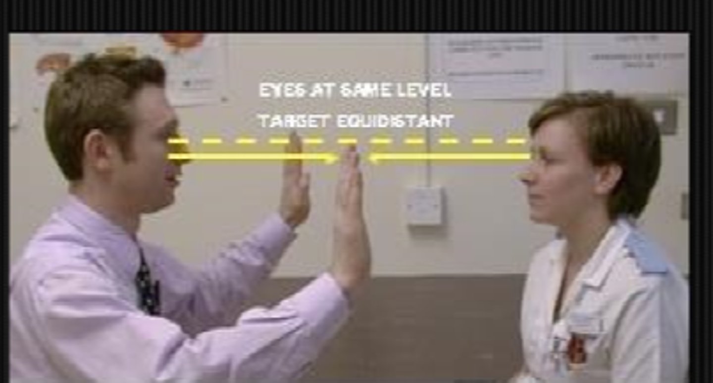 <p>facial amsler = assess whether pt can see whether 1 eye is closed, mouth is open, etc.</p><p>quadrant vertical finger counting</p><p>simultaneous finger counting = parietal lobe extinction</p><p>hemifield comparison for bitemporal or altitudinal hemianopia</p><p>plot the blindspot</p><p>fingernail comparison for central scotoma</p><p>red targets = which one looks more pink/red</p><p>Bjerrum's zone</p><p>modified Armaly = have pt look at eye, move your finger to pt blindspot, fingertip should disappear</p><p>nasal step</p>