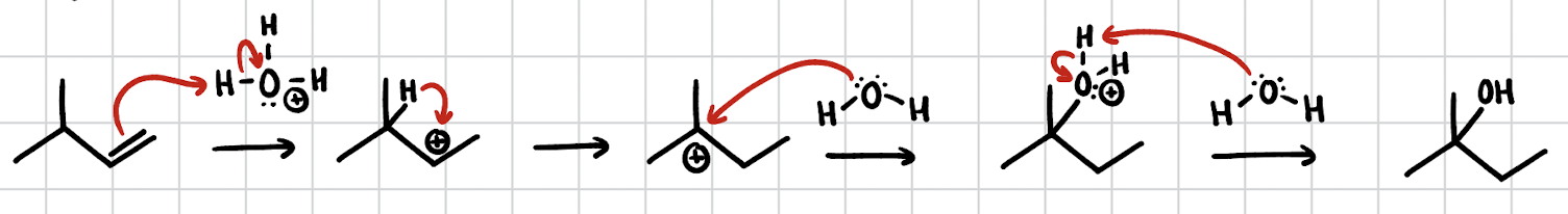 <p>alkene + 3º carbon next to alkene + H<sub>3</sub>0</p>