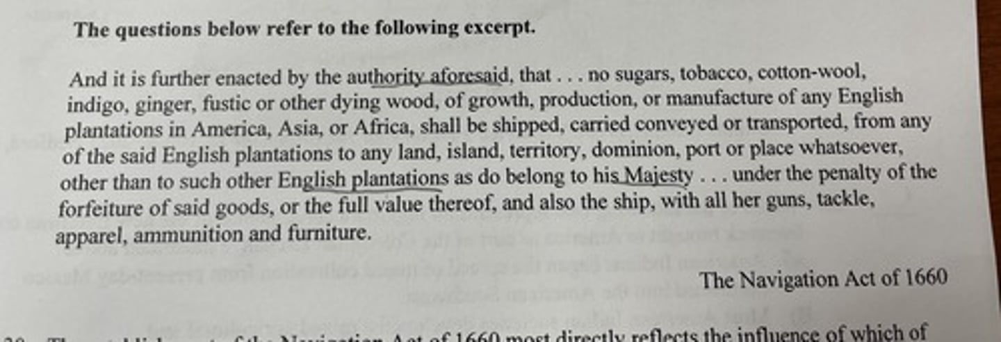 <p>the establishment of the navigation act of 1660 most directly reflects the influence of which of the following ideas?</p>