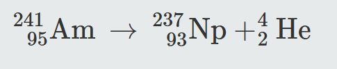 <p>Americium (Am) has a mass number of 241, and when it loses an alpha particle, that alpha particle has a mass of 4, of which 2 are protons, so the resulting atom will have a mass number of 237 and an atomic number of 93.</p>