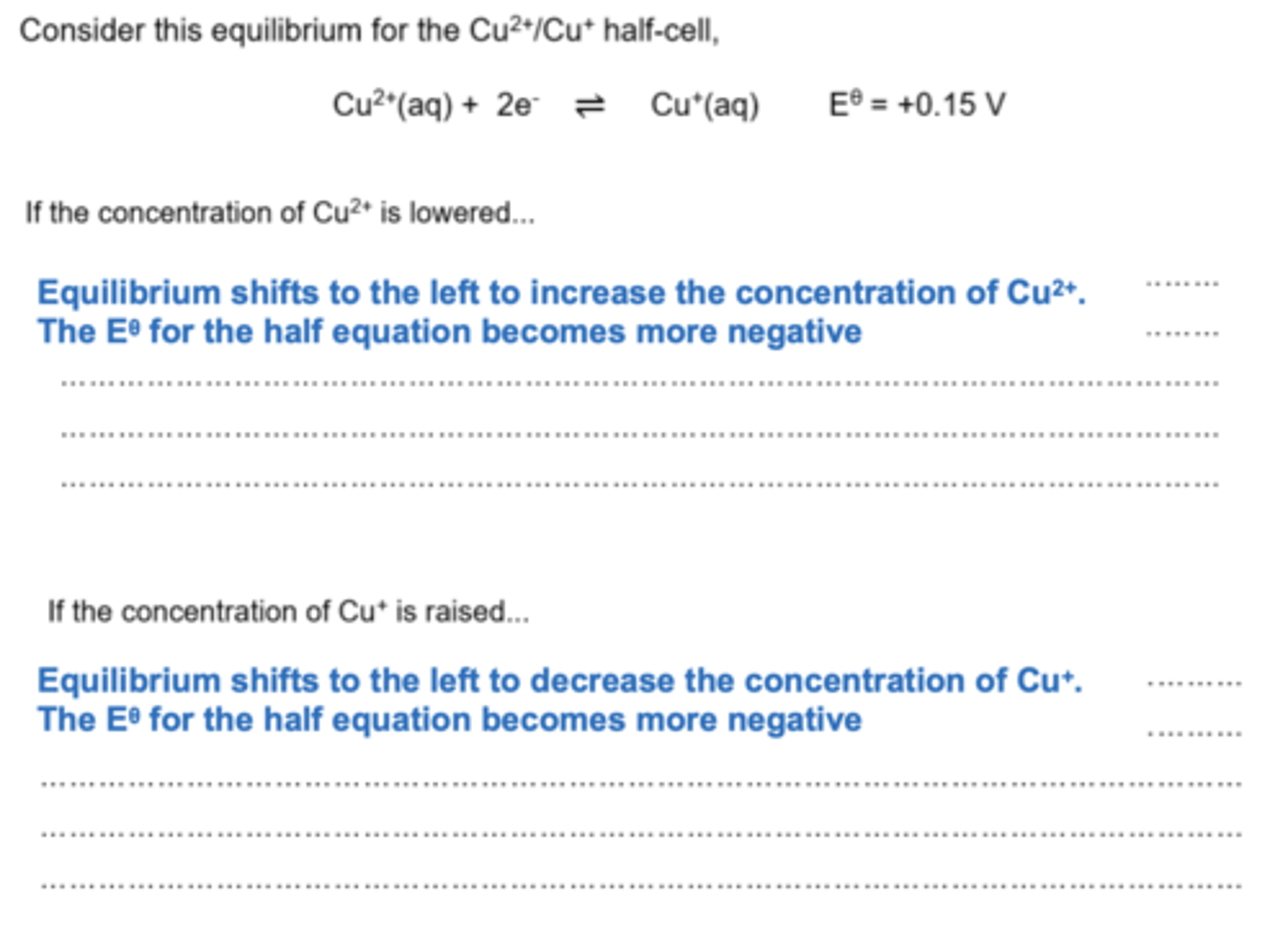 <p>- A shift to the right (oxidation direction) makes the Eo more positive or less negative (depending on sign of Eo).</p><p>- A shift to the left (reduction direction) makes the Eo more negative or less positive (depending on sign of Eo)</p><p>Example is given</p>