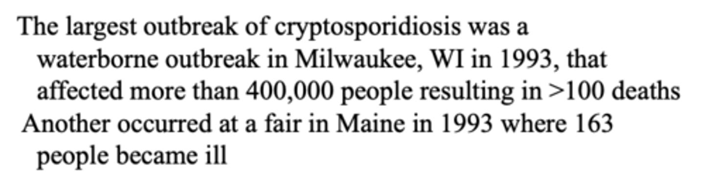 <p>a. 1.61 million people were affected; over 400,000 with significant symptoms; 100 people died.</p><p>b. Median duration of illness was 9 days.</p><p>c. Clinical manifestations included watery diarrhea, abdominal cramps, fever, vomiting.</p><p>d. $31.7 million in total medical costs and $64.6 million in total lost productivity.</p>