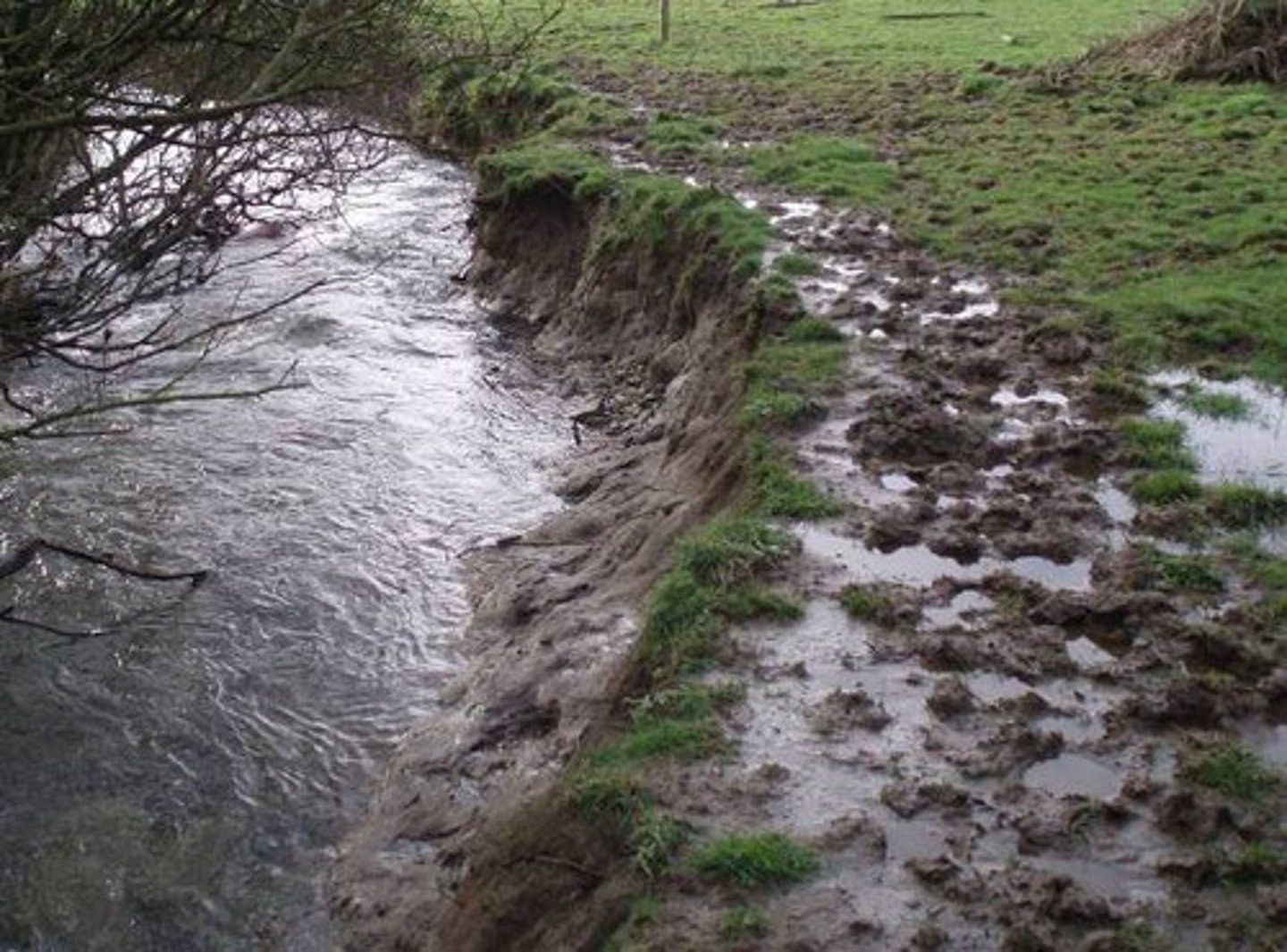 <p>The wearing away of the river's banks and beds.</p>
