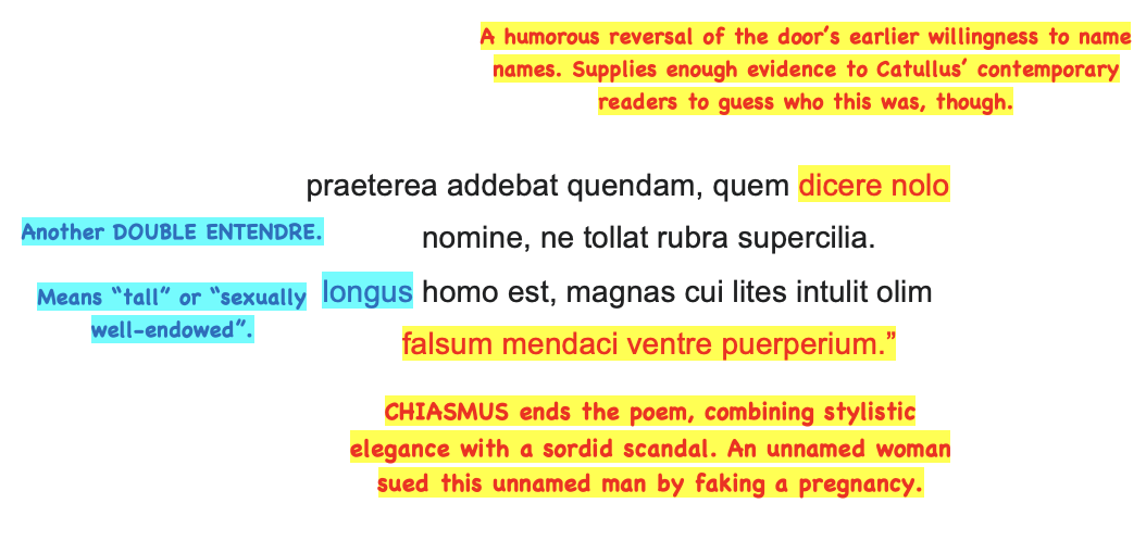 <p>Moreover, she would add mention of a particular man whom I don’t want</p><p>To name lest he raise his red eyebrows (in anger).</p><p>He is a tall man, against whom feigned childbirth once brought</p><p>Huge lawsuits, for she had padded her belly.”</p>