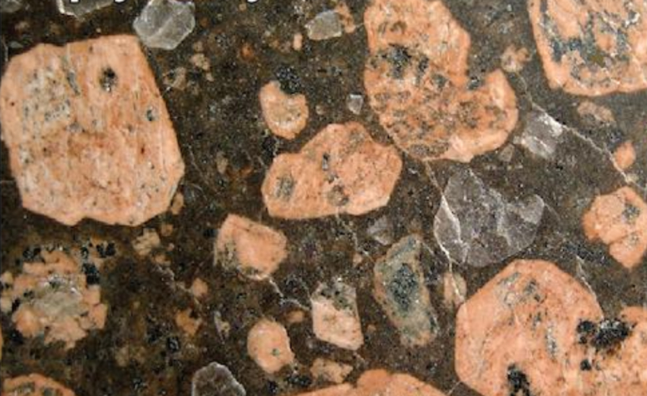 <p>TEXTURES</p><ul><li><p>Formed through <strong>TWO STAGES OF CRYSTALLIZATION WHERE MAGMA PARTLY COOLED BELOW SURFACE OF THE EARTH </strong>providing time for large crystals to grow.<strong> (PHENOCRYSTS)</strong></p></li><li><p><strong>GROUNDMASS: BEFORE IT IS EXTRUDED TO SURFACE FORMING FINE GRAINED MATRIX</strong></p></li></ul><p></p>