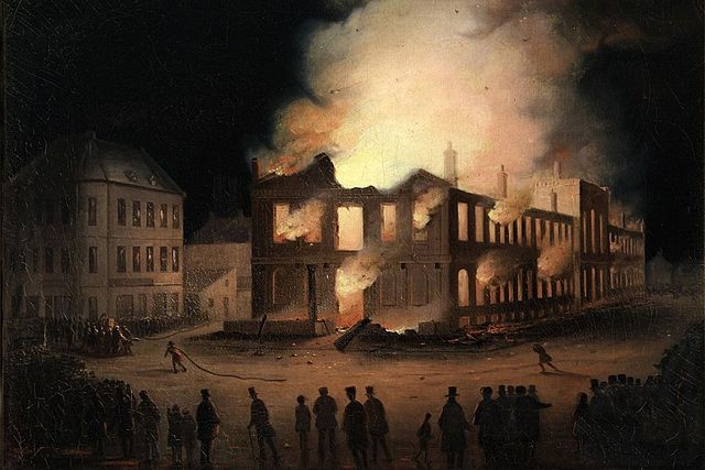 montreal 1849, the rioters burnt down the parliament in hope that lafontaine would be in there