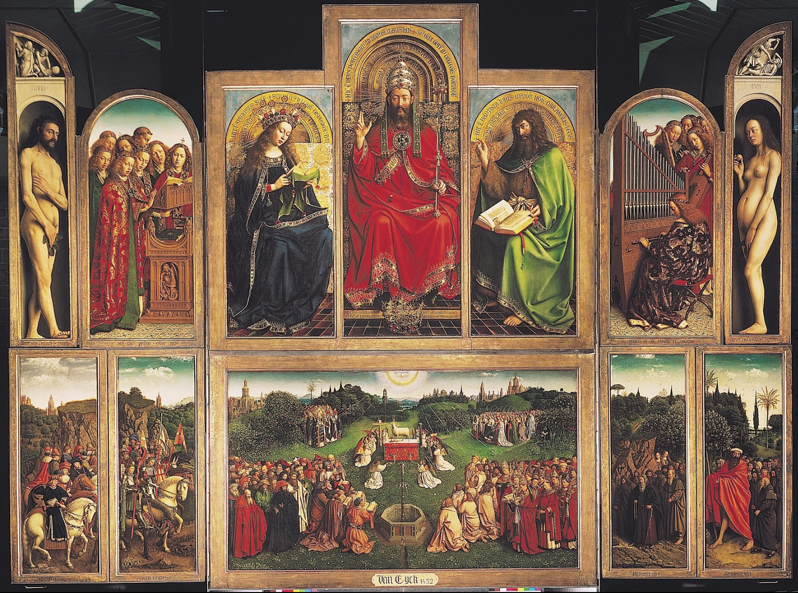 <p>Van Eyck</p><p>Ghent Altarpiece</p><p>Northern Europe</p><p>Early Renaissance</p><p>15c</p>