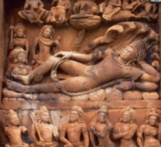 <p>What does the relief on the Vishnu temple depict? What does this indicate about Hinduism? What trend is continuing here?</p>