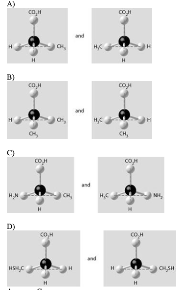<p>28) Which of the pairs of molecular structures shown depict enantiomers (enantiomeric forms) of</p><p class="p1">the same molecule?</p>