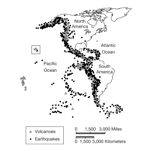 <p>The map above shows the locations of known volcanoes and earthquakes. Which of the following explains what is being illustrated in the enclosed area in the northwest portion of the map?</p><p><strong>A </strong>The enclosed area illustrates a convergent boundary with earthquakes and possibly volcanoes in the Hawaiian Islands.</p><p><strong>B </strong>The enclosed area illustrates a transform boundary where two plates slide past one another, resulting in earthquakes of high magnitude in the Hawaiian Islands.</p><p><strong>C </strong>The enclosed area illustrates a rift valley leading to seafloor expansion near the Hawaiian Islands.</p><p><strong>D </strong>The enclosed area shows a hot spot in the middle of the Pacific Plate in the Hawaiian Islands.</p>