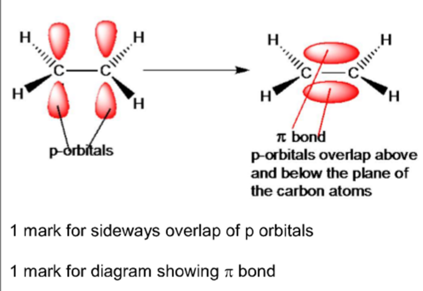 <p>the sideways overlap of two p-orbitals, one from each carbon atom of the double bond</p>
