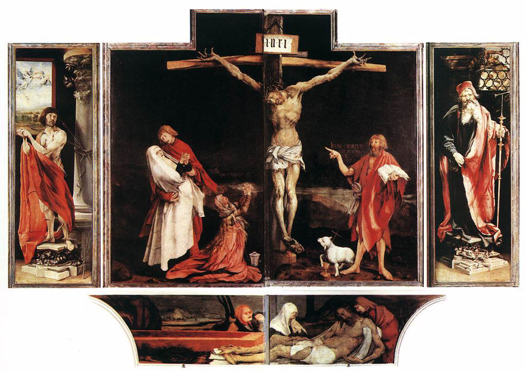 <p>Isenheim altarpiece</p><ul><li><p>Matthias Grünewald.</p></li><li><p>c. 1512-1516 C.E.</p></li><li><p>Oil on wood</p></li></ul><p>Emphasizing the suffering and anguish of Christ and his mother&apos;s angst. With intense colors and dramatic lighting throughout, Grunewald included a Lamentation in the predella and Saints Sebastian and Anthony on the fixed wings.</p>