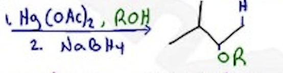 <p>Hg(OAc)2, ROH / NaBH4 —- Markovnikov, no H-shift, anti </p>