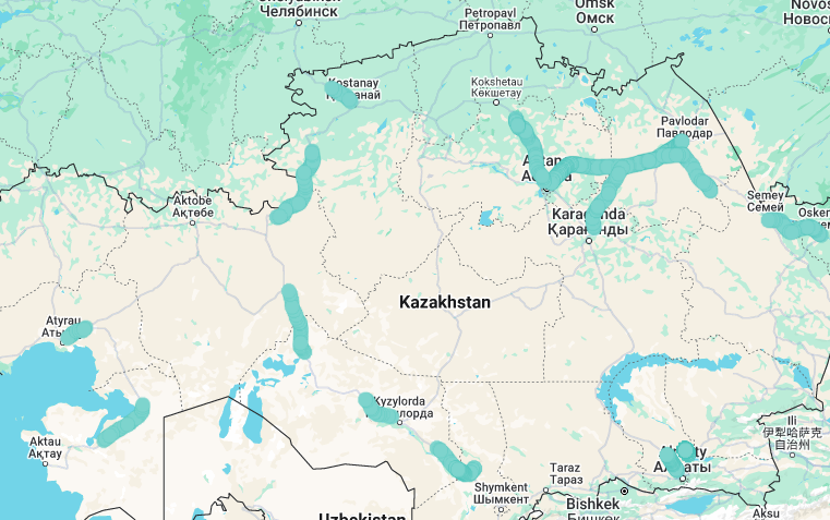 <p>B type, bends right</p><p><strong>June/July</strong></p><p><u>Omsk looking roads:</u></p><p>The road driving Northwest from Kostanay</p><p>The road driving north/northeast from Komsomol’skoye to Karabatyr</p><p></p><p>The road driving southwest towards Atyrau from Dossor</p><p>The road driving northeast from Say-Otes to Beyneu (Mangystau region)</p><p>The road driving north/slightly northwest from Aral to Sartabak (Kyzylorda/Aktobe region)</p><p>The road driving northwest/west from Kyzylorda to Josaly</p><p>The road driving northwest from Turkistan to Zhanakorgan</p><p>The road driving southwest from Kentau to Turkistan</p><p></p><p><strong>March/Winter</strong></p><p>The tiny road after Konaev (North of Almaty) driving north/northwest</p><p></p><p><strong>Autumn:</strong></p><p>The road north of Almaty driving southeast from Kurty to Shamalgan</p><p>The road driving north/south between Astana and Burabay</p><p>The road driving east/west between Astana and Pavlodar</p><p>The road driving south/southwest from Shiderty towards Karaganda (Shiderty is west of Ekibastuz)</p><p>The road driving east from Kalkaman (east of Ekibastuz) to Aksu</p><p>The road driving northwest from Karaterek to Aksu</p><p>The road driving east/southeast/northeast from Semey to Oskemen</p>
