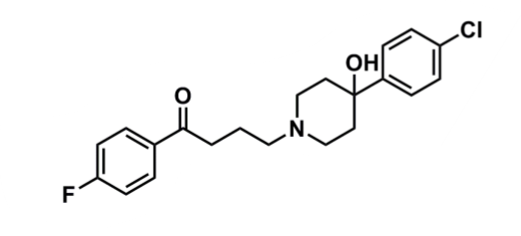 <ul><li><p>pharmacophore: butyrophenone</p></li><li><p>4 carbons +benzene + ketone&nbsp;</p></li><li><p>piperidone + hydroxyl → needed to bind&nbsp;</p><ul><li><p>hydroxyl can be converted to ester prodrug&nbsp;</p></li></ul></li><li><p>chlorobenzene → lipophilic and enhances penetration into brain&nbsp;</p></li><li><p>better binding to D2 and slow dissociation&nbsp;</p></li></ul><p></p>