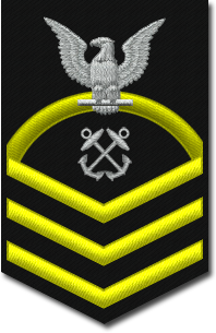 <p>gold fouled anchor behind silver USN</p>