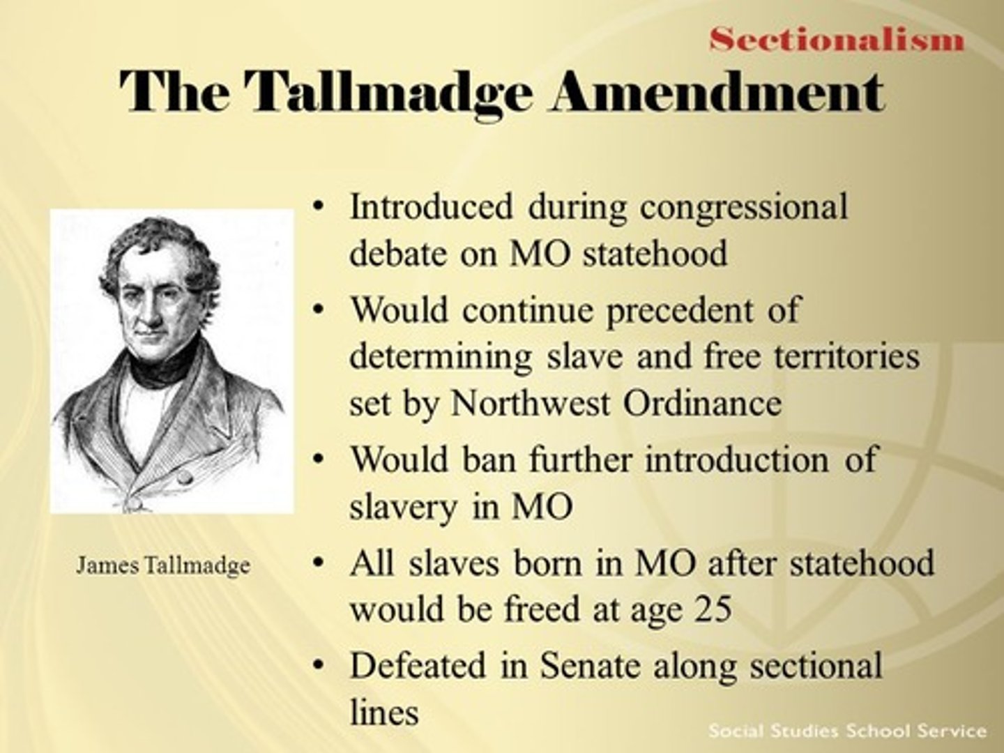 <p>Failed proposal to prohibit the importation of slaves into Missouri Territory and pave the way for gradual emancipation. Southerners vehemently opposed the amendment, which they perceived as a threat to the sectional balance between North and South.</p>