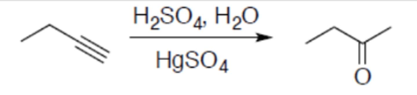 <p>Carbocation: no</p><p>Regiochemistry: mark</p><p>Stereoselectivity: N/A</p><p>Reagent(s): 1. H2SO4, H2O 2. HgSO4</p><p>- Adds =O to inner terminal carbon of alkyne</p>