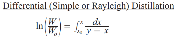 <p>simplest form of batch distillation → <span><span>vapor is continuously removed from a liquid, and the composition of the vapor and the remaining liquid (residue) are calculated using the Rayleigh equation</span></span></p><p></p><p><span><span>W</span><sub><span>o</span></sub><span> is initial charge</span></span></p>