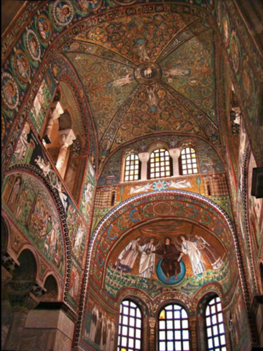 <p>describe the inside of San Vitale and examples</p>