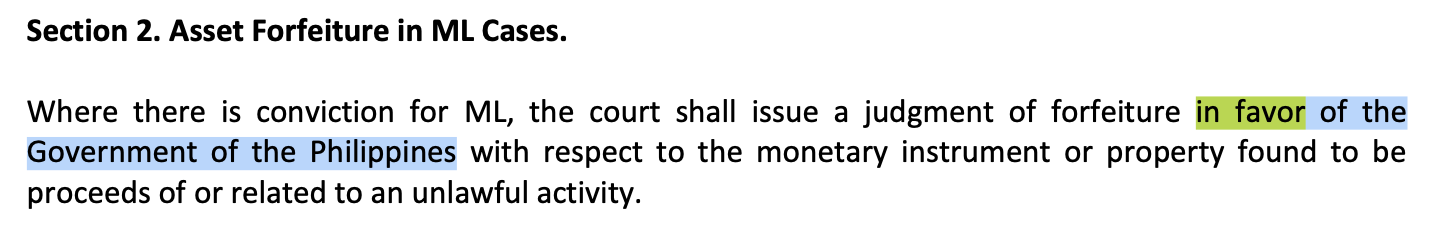 <p>d. It shall be forfeited by the regional trial court in favor of the Government of the Republic of the Philippines</p>