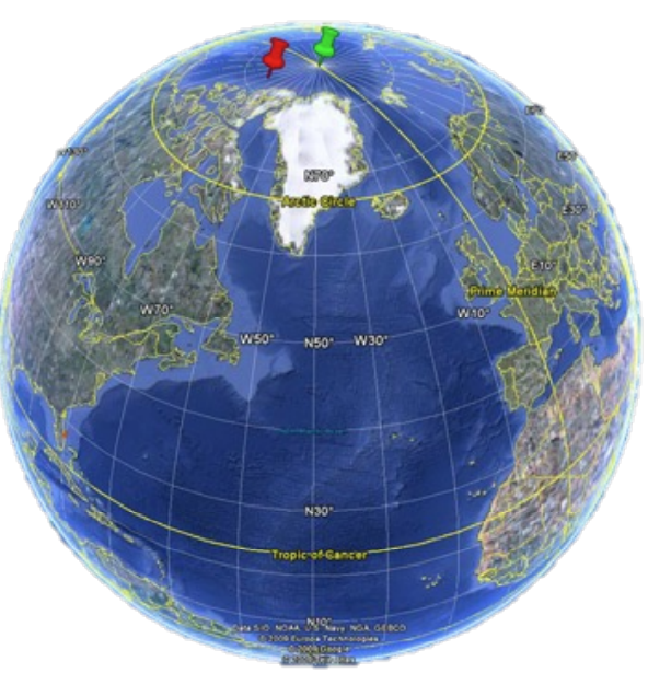 The angle *on the horizontal plane* between the magnetic and geographic poles. The north/south geographic pole has a straight axis, but the north/south magnetic pole has a tilted axis. They are separated by an angle of 11.5 degrees.