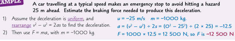 <ol><li><p>assume deceleration is uniform &amp; rearrange v²-u²=2as to find deceleration</p></li><li><p>then use F=ma, with m=~1000kg</p></li></ol>