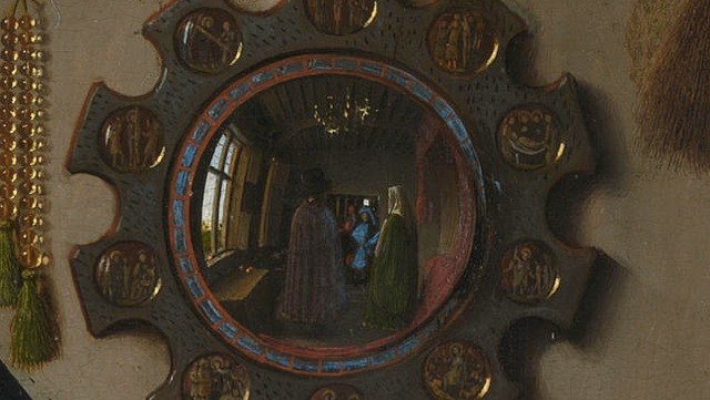 <p>Arnolfini Portrait</p><p>Jan van Eyck 1434, oil on wood </p><p>Depicts wealthy merchant and his potential bride — her shoes are off + dog — possibly pregnant </p>