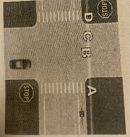 <p>In the graphic illustration on the right, a pedestrian is waiting to cross the roadway from position A to position D and the cyclist is traveling in the same direction. The driver intends to continue forward through the intersection. What are the driver's yielding responsibilities?</p>
