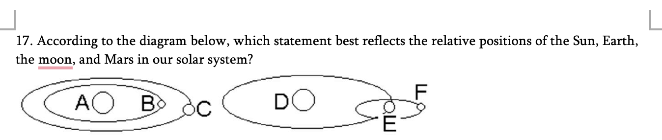 <p><span style="font-family: Times, serif;"><span>A.&nbsp;A represents the Sun, B is the moon, and C is the Earth.</span><span><br></span><span>B.&nbsp;A represents the Earth, B is the moon, and C is Mars.</span><span><br></span><span>C.&nbsp;D represents the Sun, E is the Earth, and F is the moon.</span><span><br></span><span>D.&nbsp;D is the Earth, E is the Sun, and F is Mars.</span></span></p>