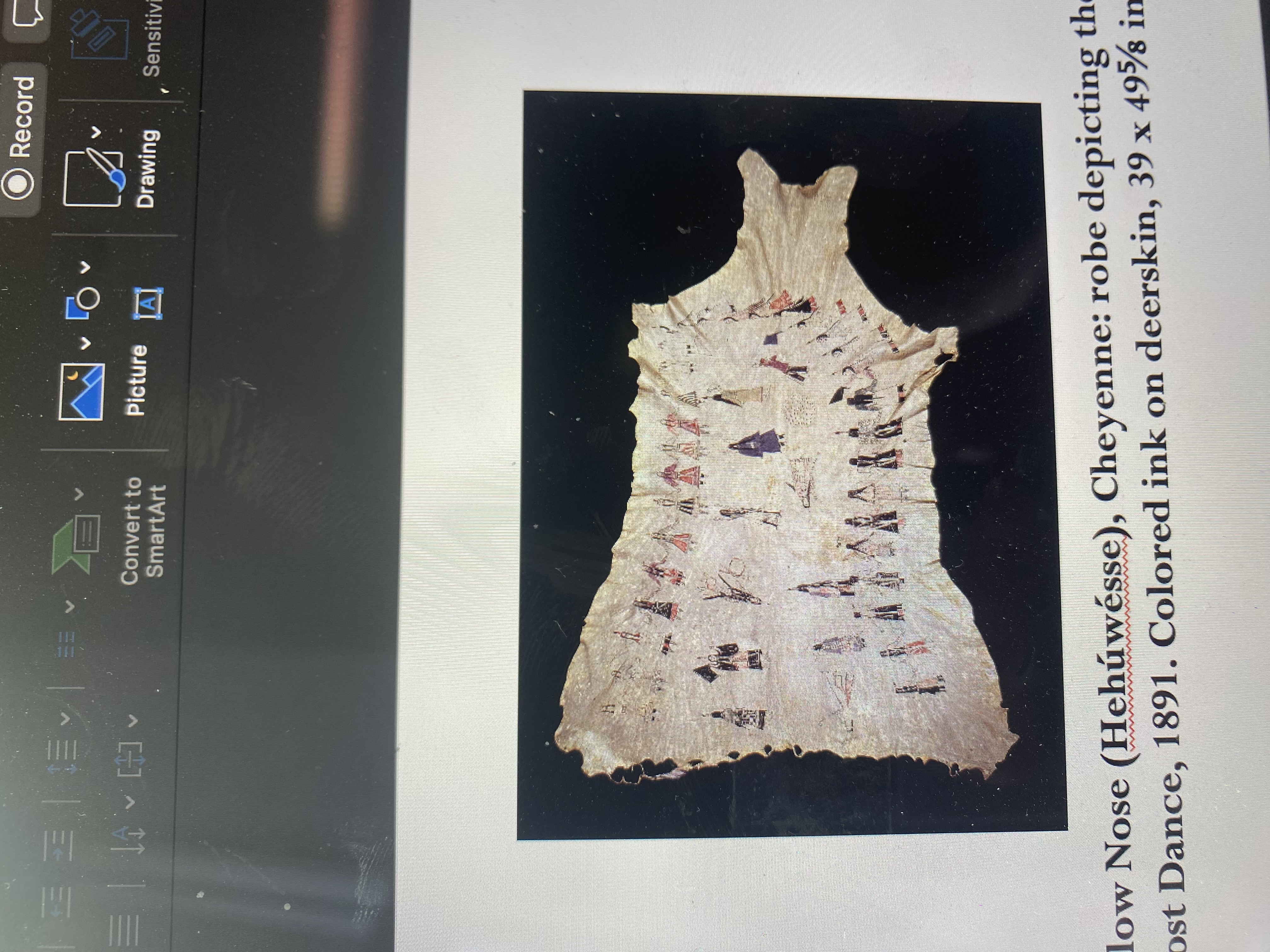 <p><span><strong>Yellow Nose (Hehúwésse), Cheyenne: robe depicting the Ghost Dance, 1891. Colored ink on deerskin, 39 x 49</strong>⅝<strong> in.</strong></span></p>