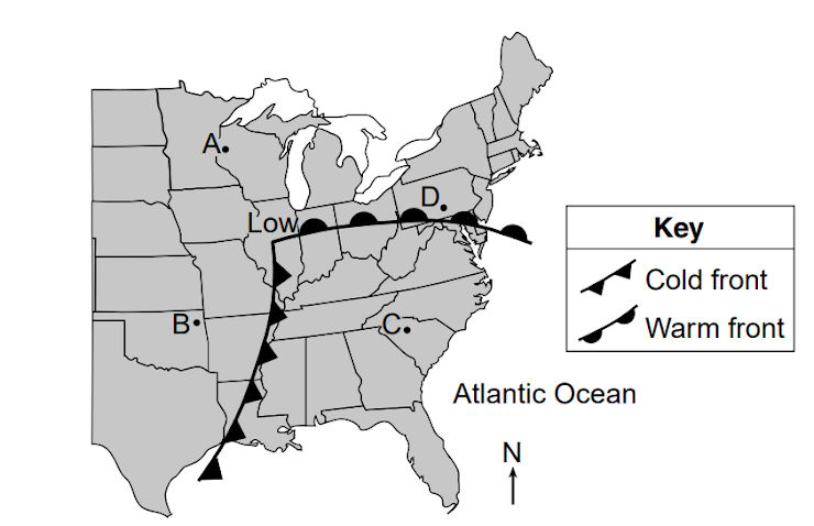 The weather map below shows a low-pressure system over the eastern United States. Points A, B, C, and D represent locations on Earth’s surface. Which location is most likely experiencing rainy, unstable weather conditions?