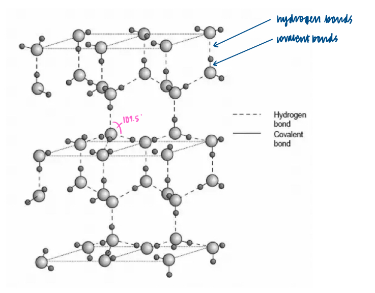 <p>Unlike other intermolecular forces, hydrogen bonding is directional. The shape of the three dimensional structure is governed by the position of lone pairs of electrons. The presence of two lone pairs and two hydrogen atoms results in a three dimensional tetrahedral structure in ice. </p><p></p><p>In ice the molecules are held further apart by the hydrogen bonds than in water. This explains the low density of ice compared to water. </p><p></p><p>The arrangement of the H2O molecules in ice creates a very open structure. In the ice lattice each molecule has 4 neighbours. When ice melts, the lattice breaks up and the water molecules can pack together more closely. In the liquid phase, some molecules have 4 near neighbours while others have 5 (average number is 4.4). This is why, when H2O freezes, it expands by 9% and why ice is less dense than water at 0 degrees Celsius. </p>