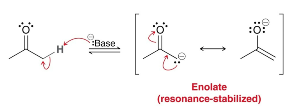 <p>an enolate forms</p>