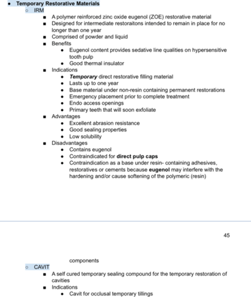 <p>These are _____ restorative materials </p><p>IRM (Intermediate restorative material) </p><p>CAVIT</p><p>Fuji Triage (PINK)</p><p>Equia Forte Fil</p>