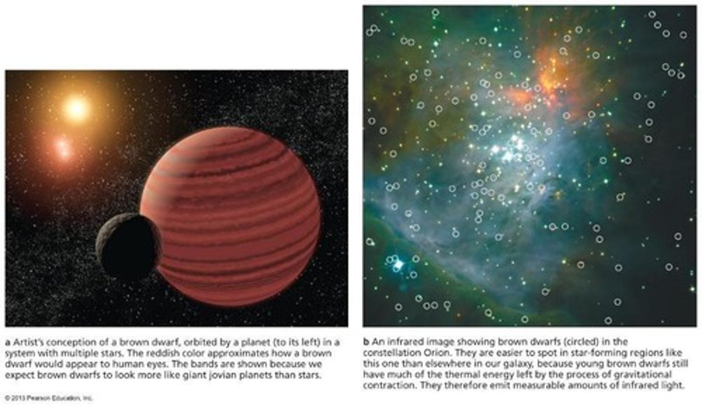 <p>Starlike objects that are not massive enough to start fusion, typically having a mass less than 0.08 MSun.</p>