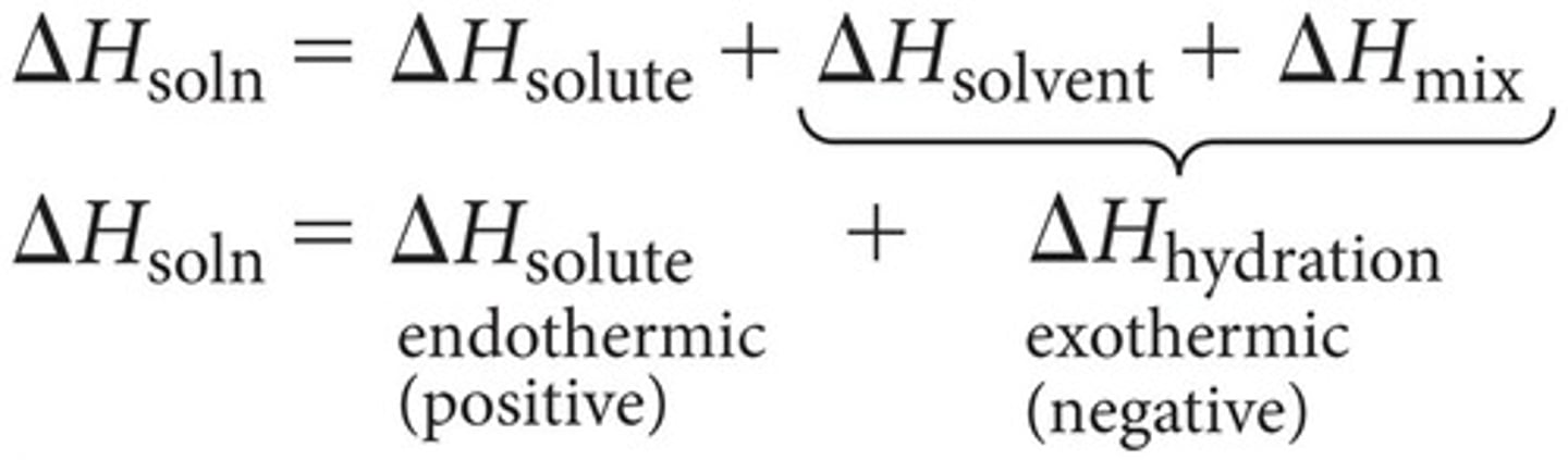<p>Delta H solvent and delta H mix combined; heat released when one mole of gaseous ions dissolves in water</p>