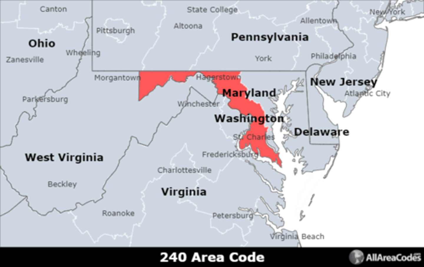 <p>Area code 240 is located in western Maryland and covers Germantown, Silver Spring, Waldorf, Frederick, and Rockville. It is an overlay for area code 301 and serves the same area.</p>