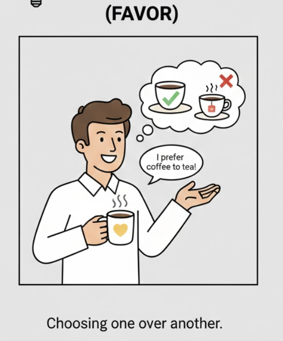 <p><strong>to like one thing or person better than another; to choose one thing rather than another.</strong> </p><p>(thích hơn, ưu tiên hơn, thiên về)</p>