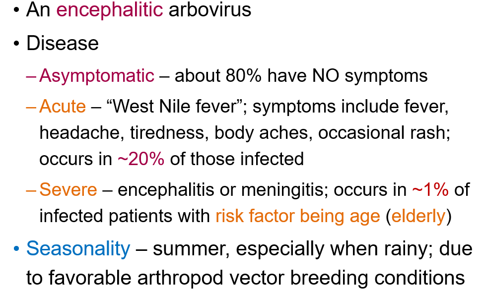 <p>What are the <strong>three possible disease outcomes </strong>of <strong>West Nile Virus</strong> infection?</p>
