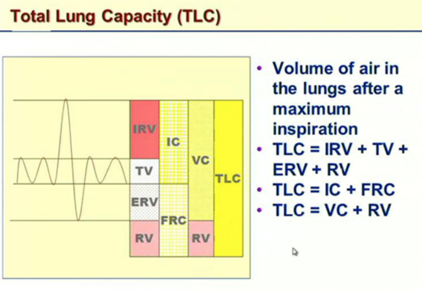 <p>Maxiumum volume of air that lungs can contain. (TLC = IRV + Vt + ERV + RV)</p>