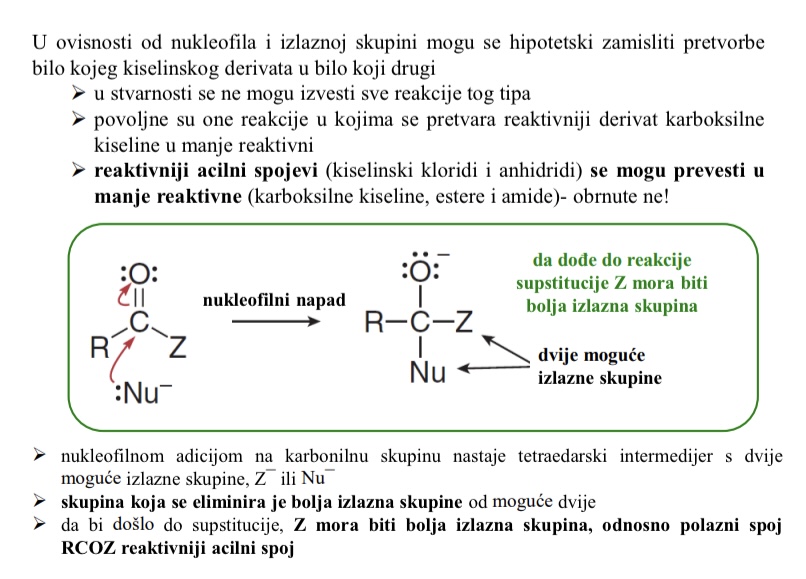 <ul><li><p>Nukleofilna acilna supstitucija</p></li><li><p>reaktivniji acilni spojevi (kisleinski kloridi i anhidridi) mogu se prevesti u manje reaktivne (karboksilne kiseline, estere, amide) obrnuto ne</p></li></ul><p></p>
