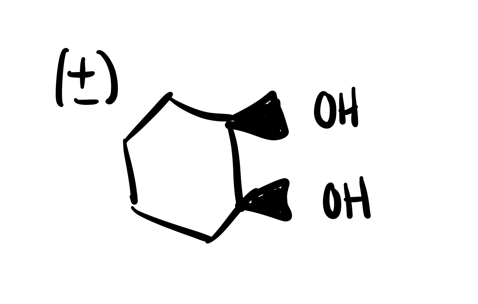 <p><span>The double bond is broken and the 2 OH’s are added (both are wedge or both are dash). Add plus/minus sign</span></p>