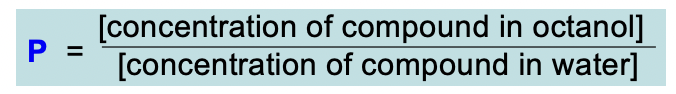 <p>compound is dissolved in equal mixture of octanol and water</p><p>octanol = non-polar</p><p>water = polar</p><p></p><p>high P = non-polar</p><p>low P = polar</p>