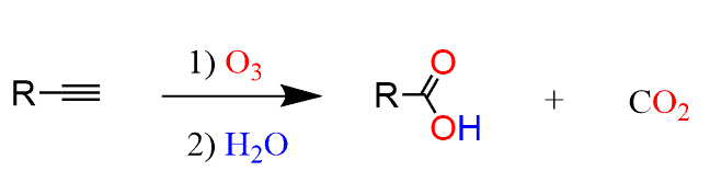 <p>Breaks the triple bond and does not cleave the molecule like with alkenes. It instead produces a double bond to oxygen and a single to OH (a carboxylic acid).</p>