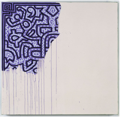 <p>Keith Haring - 1989</p><p>he died during the AIDS crisis during the late 80s and 90s</p><p>knew he was going to die and he intentionally set out to create an unfinished painting speaking about how his life itself was being cut short</p>