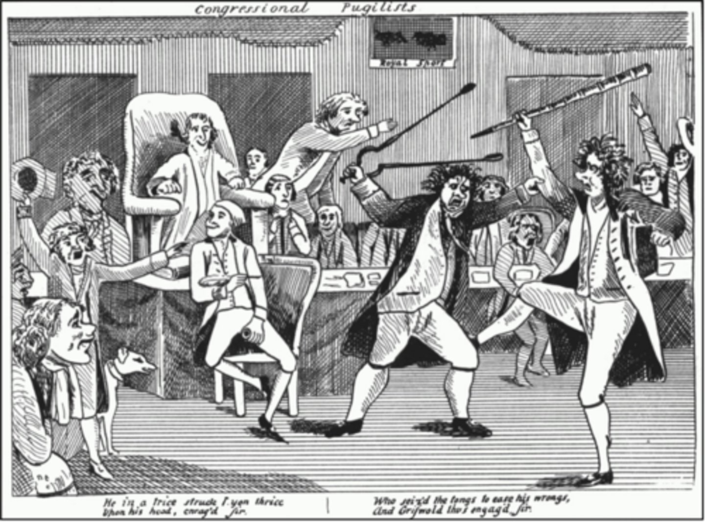 <p>On February 15, 1798, a Federalist congressman from Connecticut approached and attacked a Democratic-Republican congressman from Vermont over the continual insults and verbal attacks between the two men that were started after President John Adams began his Quasi-War with France. <br><br>One man hit his opponent with a walking stick and the other responded with fireplace tongs.</p>