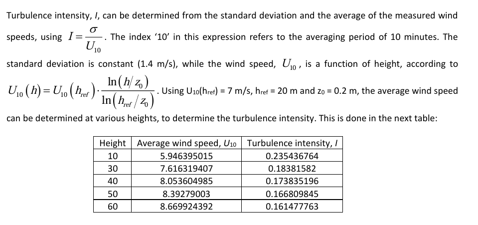 <p>A. These numbers can be used to make a sketch that corresponds with the solid blue curve. Calculating just 3 points is enough to establish the shape of the curve. This result can also be argued qualitatively. From I = 10 , it is immediately clear that for a constant σ the turbulence intensity should be larger at lower heights (which have a lower average wind speed). At greater heights the change in average wind speed with height levels off, so also the change in turbulence intensity with height should level off. This behaviour is seen in the solid blue curve.</p>